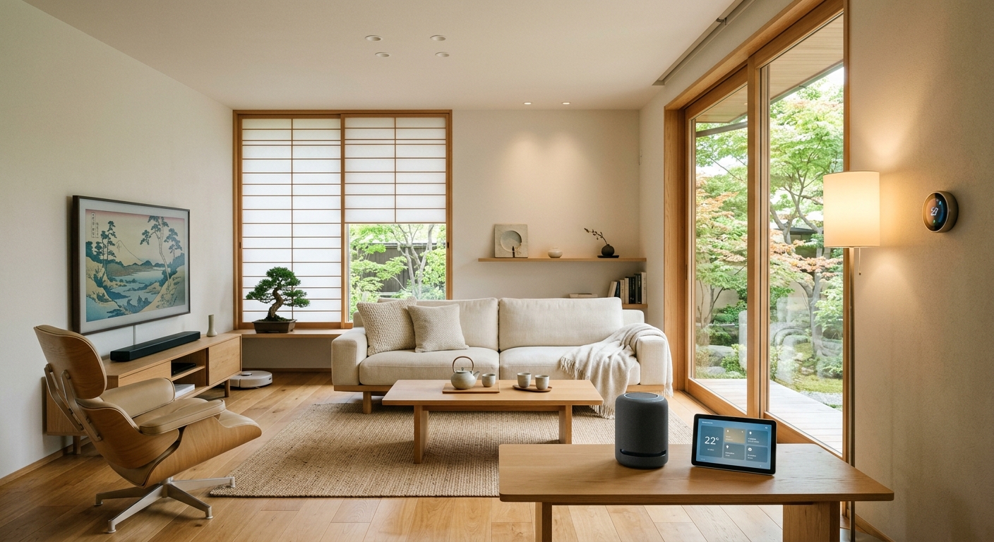 Modern Japanese living room with smart devices, natural sunlight, neutral tones, light wood accents, and minimalistic decor.