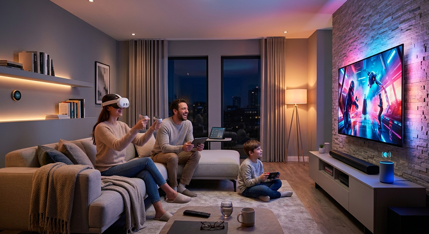 A modern living room with a family using smart devices, including a TV, VR headset, and speakers, in a cozy, tech-enhanced setting.