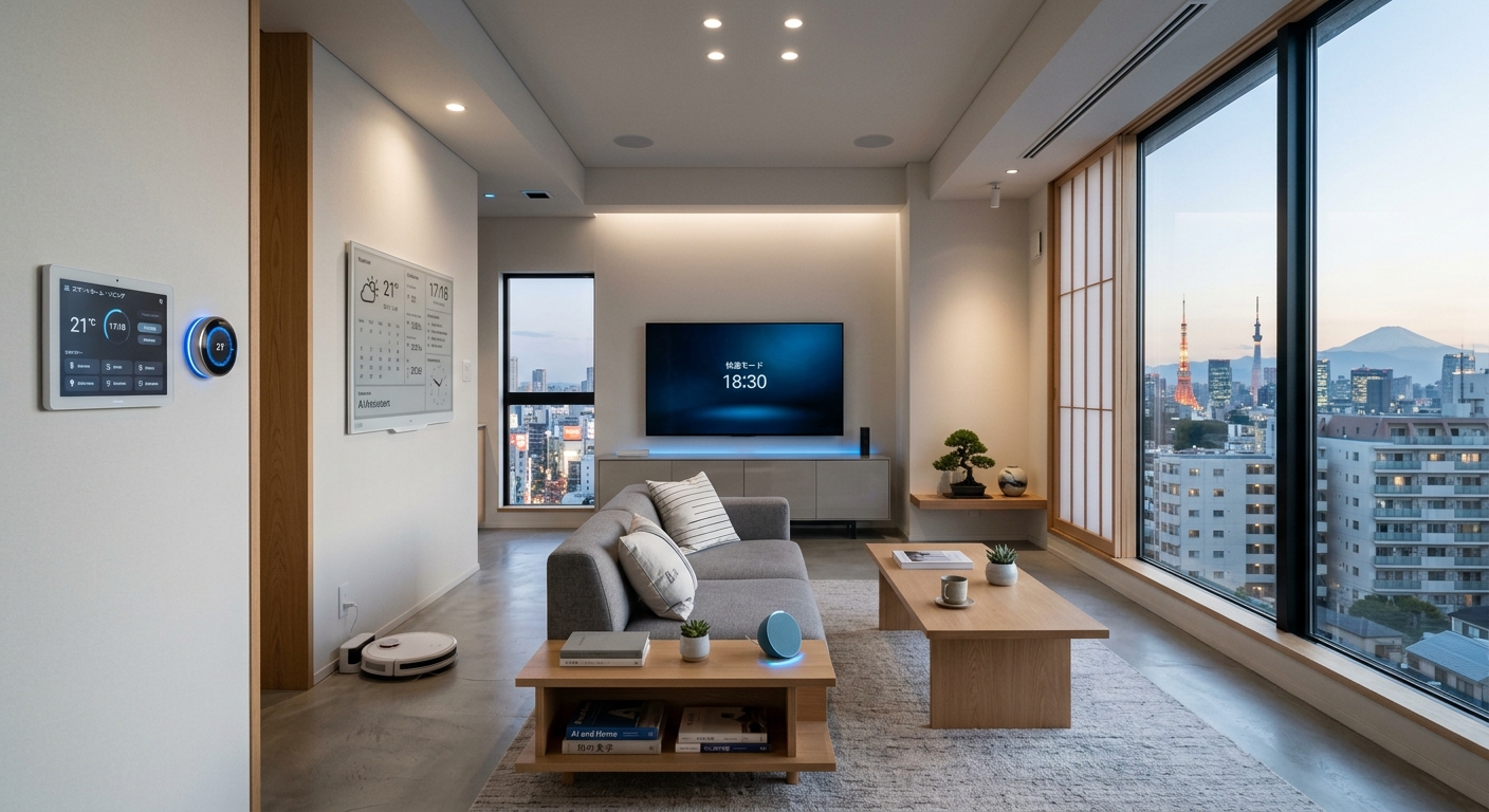 Modern Japanese living room in 2026 with smart devices, minimalist decor, and a blend of contemporary and traditional elements.