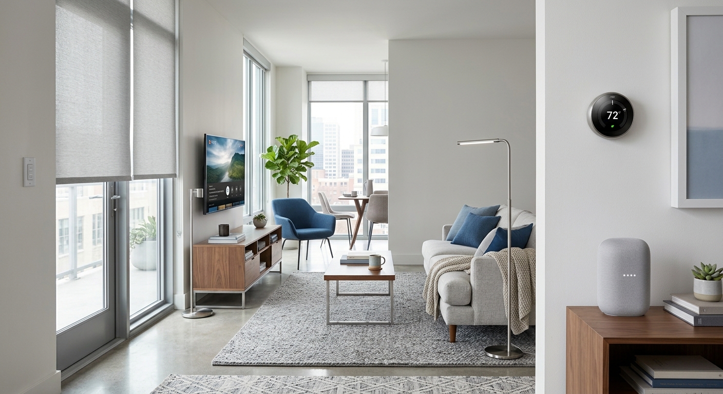 Modern living room with smart devices, natural lighting, neutral tones, and a cozy, futuristic atmosphere.